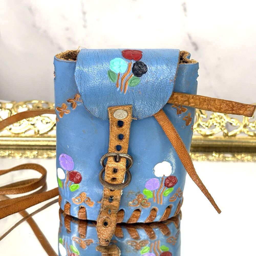 Vintage 70s Mexican Blue Tooled Leather Mini purse Bag Hand Painted Floral Folk